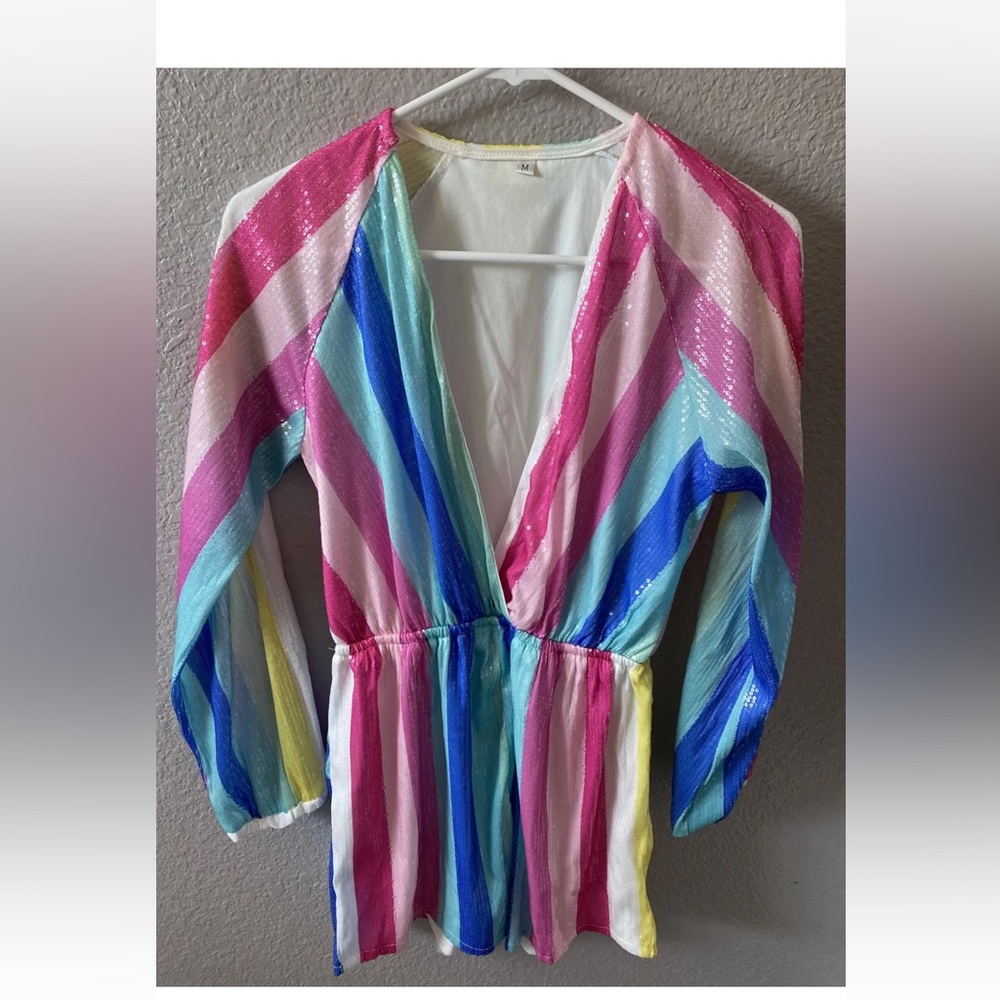 Lantern Sleeve Multicolor Striped Sequin Romper Taylor Swift Eras Tour Lover - Picture 2 of 3